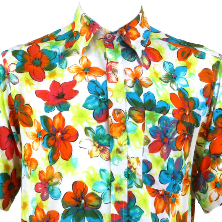 Regular Fit Short Sleeve Shirt - Red & Turquoise Floral on White