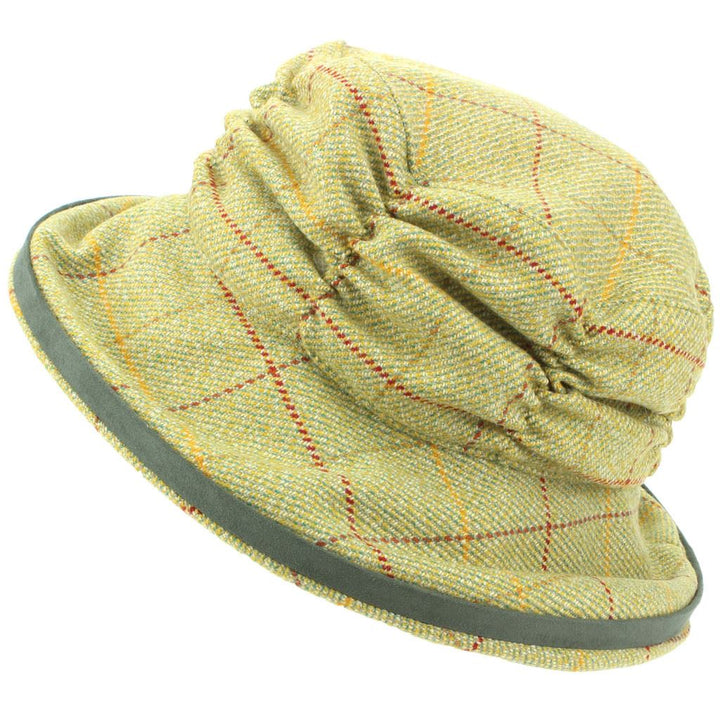Ladies Wool Tweed Cloche Hat with a Ruched Crown - Light Green