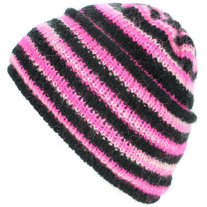 Uldstrikket Ridge Beanie Hat med Fleecefor - Sort & Pink Space Dye