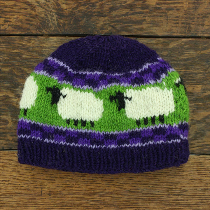 Hand Knitted Wool Beanie Hat - Sheep Purple Green