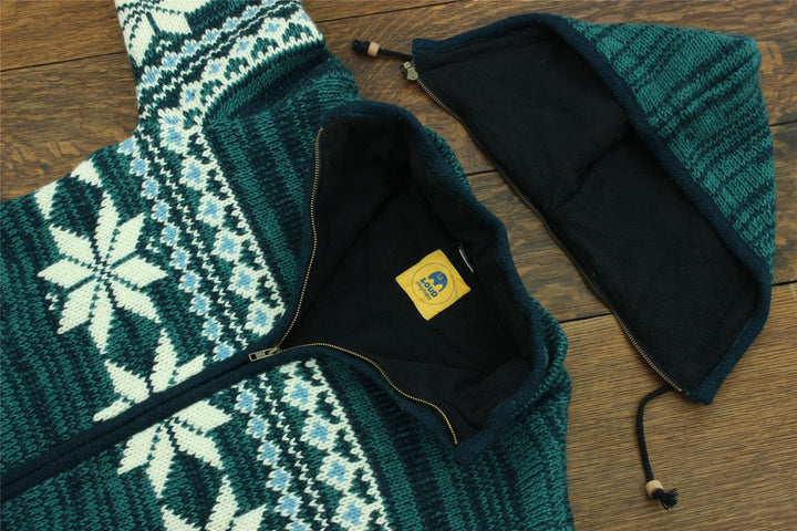 Hand Knitted Wool Hooded Jacket Cardigan - Fairisle Teal