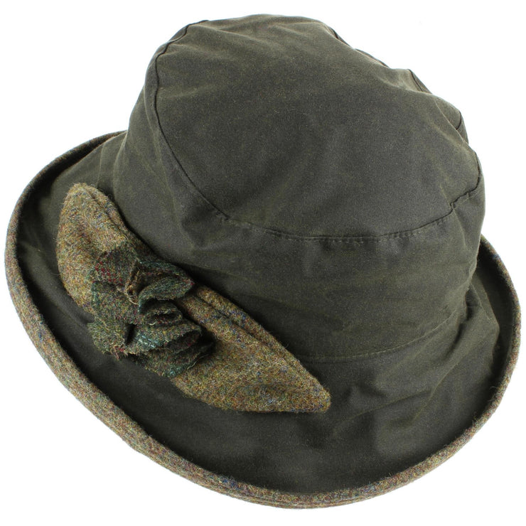 Ladies Waterproof Wax Cloche Hat with Tweed Rose and Brim - Green (Dark Green Tweed)