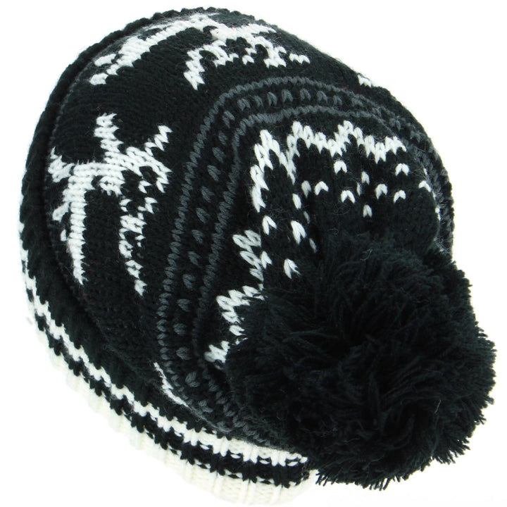 Chunky Slouch Bobble Beanie Hat with Reindeer Pattern - Black
