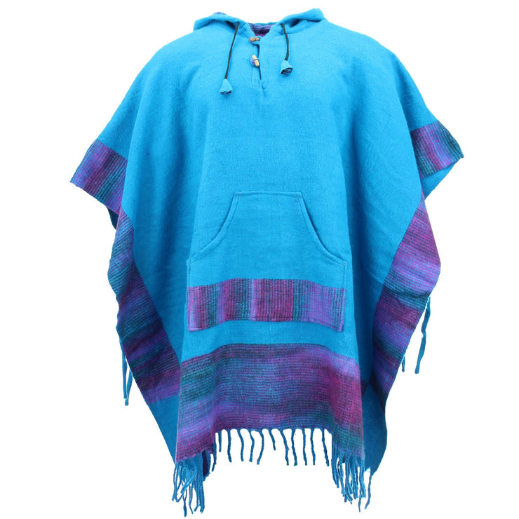 Soft Vegan Wool Hooded Tibet Poncho - Turquoise & Purple