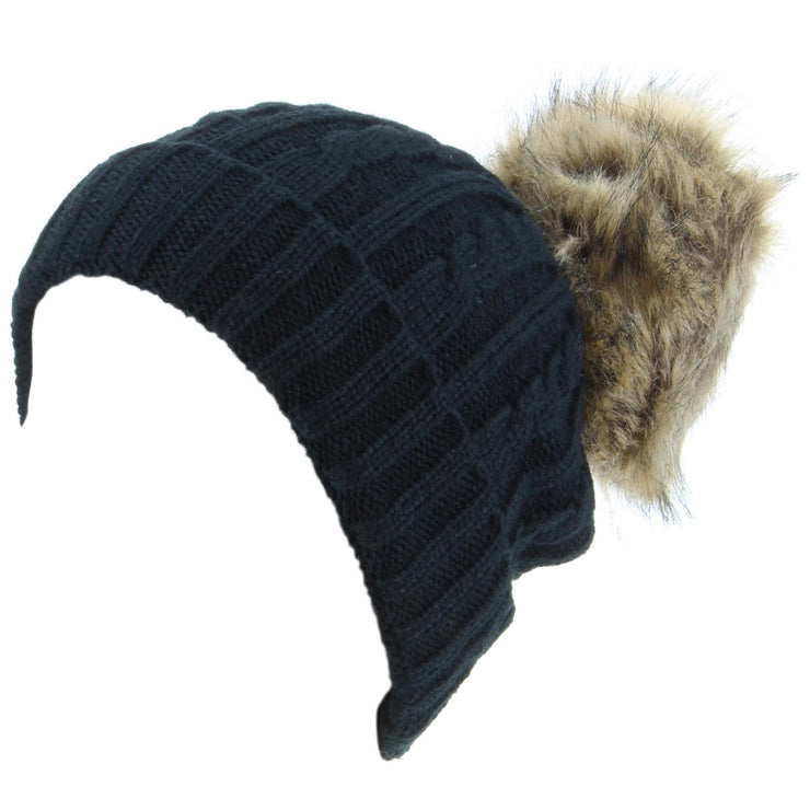 Cable Knit Beanie Hat with Faux Fur Bobble - Black