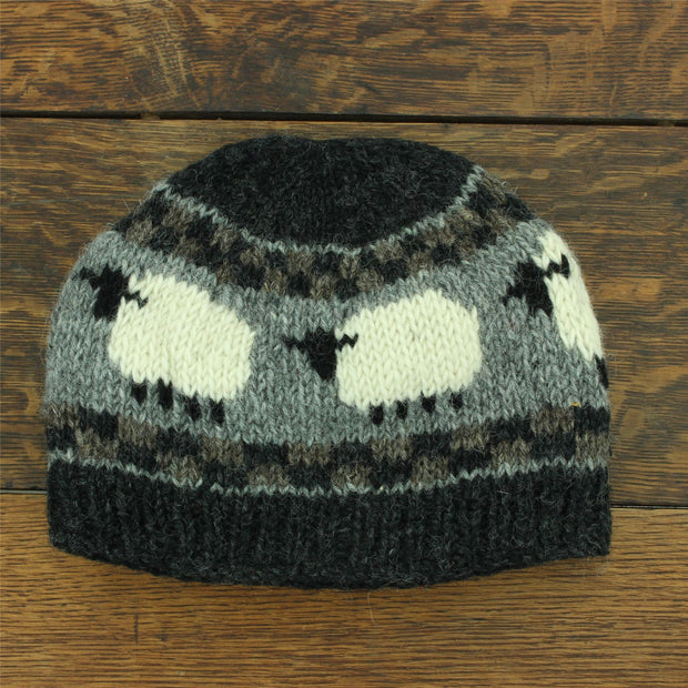 Hand Knitted Wool Beanie Hat - Sheep Charcoal Grey