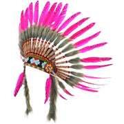 Native Amercian Chief Headdress - Pink Feathers (Brown Fur)