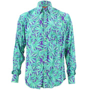 Tailored Fit Long Sleeve Shirt - Green Leaves on Purple