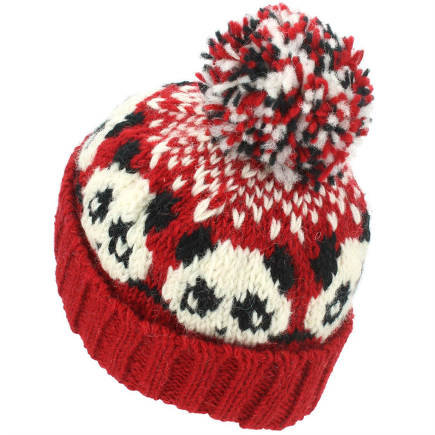 Wool Knit Bobble Beanie Hat - Panda - Red White