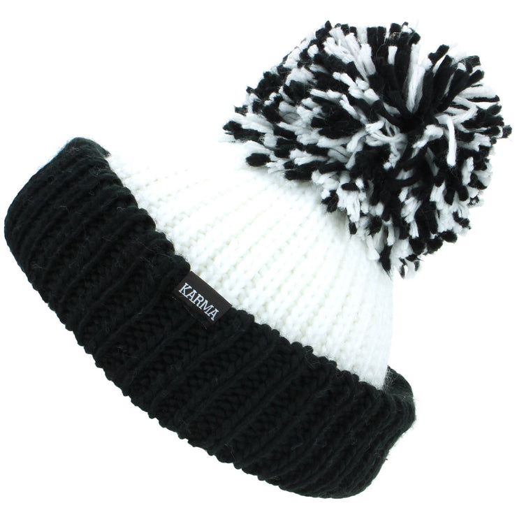 Chunky Acrylic Knit Beanie Hat with a MASSIVE Bobble - Black & White