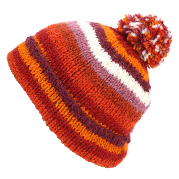 Chunky Wool Knit Beanie Bobble Hat - Stripe Rust
