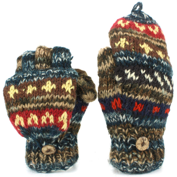 Chunky Wool Knit Fingerless Shooter Gloves - Abstract - 17 Blue Brown