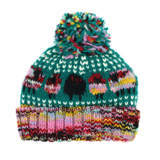 Hand Knitted Wool Beanie Bobble Hat - Sheep - Teal Pink SD
