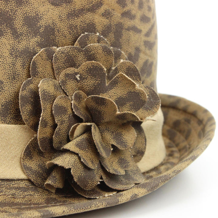 Leopard print trilby hat with side flower - Brown