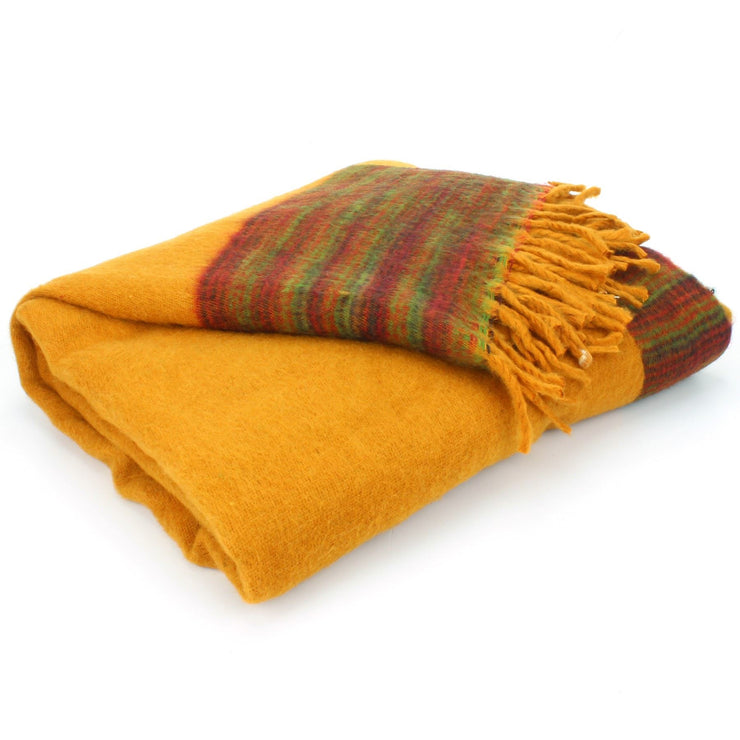 Tibetan Wool Blend Shawl Blanket - Mustard with Green & Red Reverse