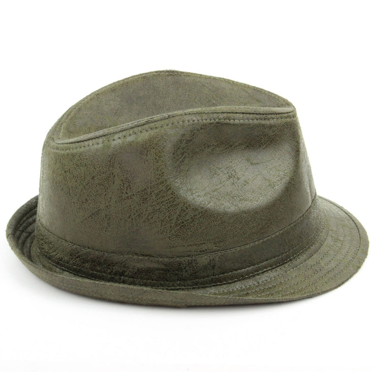 Vintage effect cracked leather trilby hat - Olive