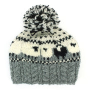 Wool Knit Bobble Beanie Hat - Sheep - Grey Cable Knit