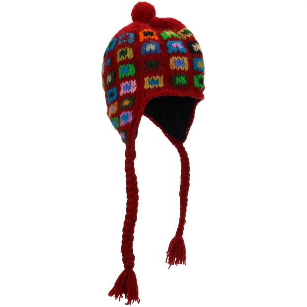 Wool Knit Earflap Bobble Hat - Square Red