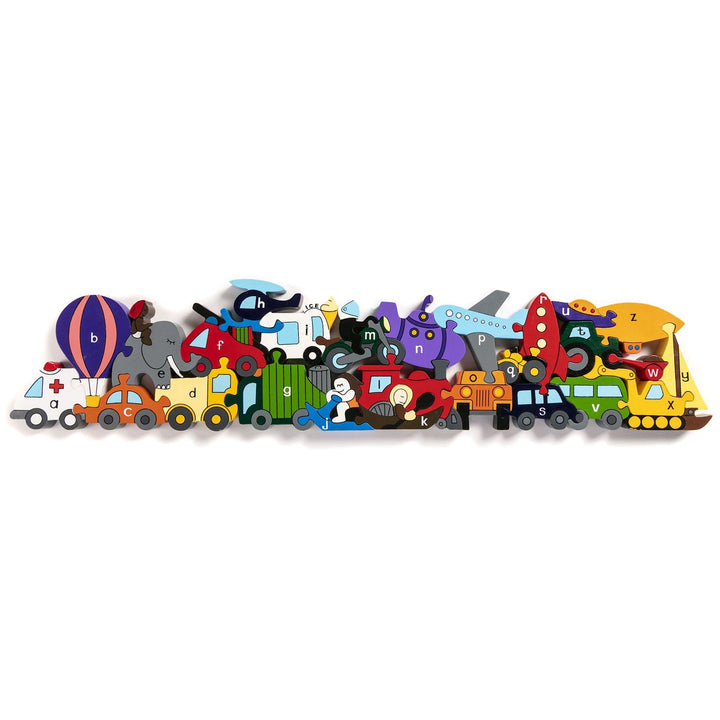 Handmade Wooden Jigsaw Puzzle - Alphabet Transport