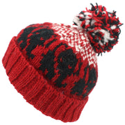 Wool Knit Bobble Beanie Hat - Elephant - Red White