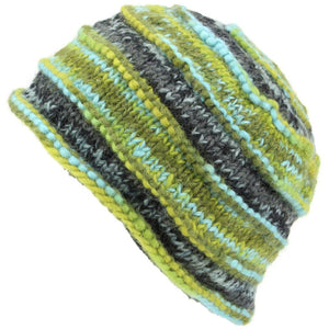 Chunky Ribbed Wool Knit Beanie Hat with Space Dye Design - Green & Blue