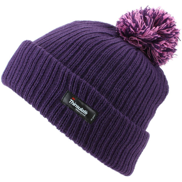 Childrens Beanie Hat with Turn-up and 2-Tone Bobble - Purple