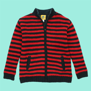 Cardigan veste en laine tricoté main - rayure rouge noir