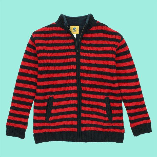 Hand Knitted Wool Jacket Cardigan - Stripe Red Black