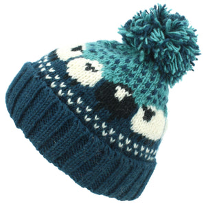 Wool Knit Bobble Beanie Hat - Sheep - Teal Green