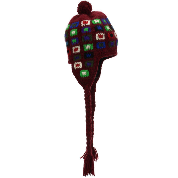 Wool Knit Earflap Bobble Hat - Square Maroon