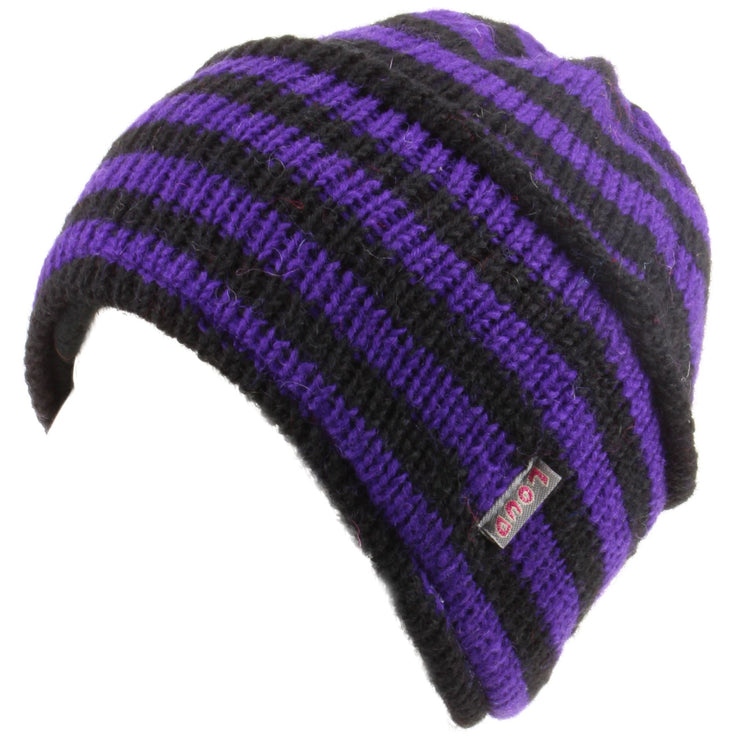 Wool Knit Ridge Beanie Hat with Fleece Lining - Purple & Black