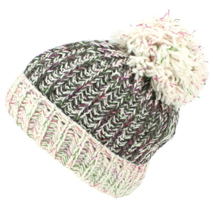 Bonnet à pompon en tricot de laine - gris et crème