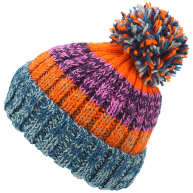 Wool Knit Bobble Beanie Hat - Orange Purple
