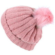 Chunky Knit Beanie Hat with Thick Fleece Lining and Faux Fur Bobble - Pink