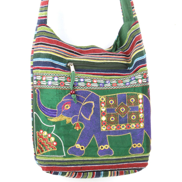 Embroidered Elephant Canvas Sling Shoulder Bag - Green