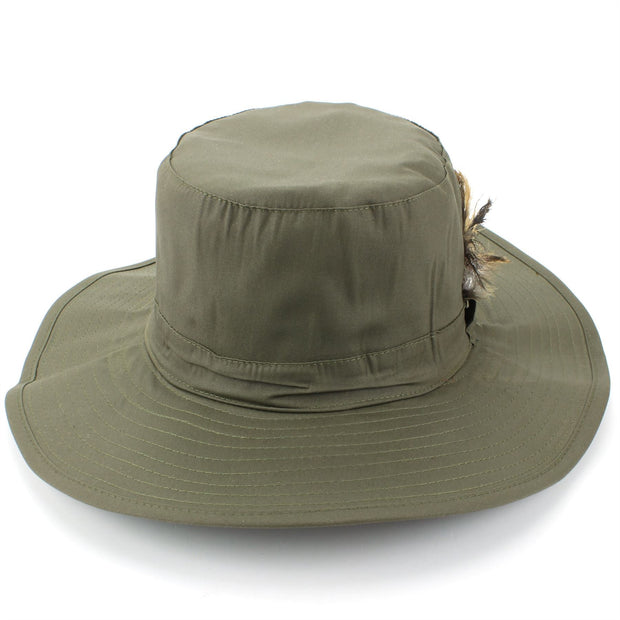Wide Brim Outback Style Cotton Bush Hat with Feather - Green