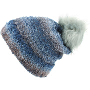 Fleece Lined Beanie Hat with Faux Fur Bobble - Blue