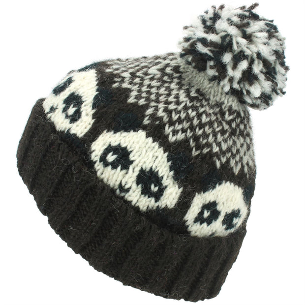 Wool Knit Bobble Beanie Hat - Panda - Brown Grey