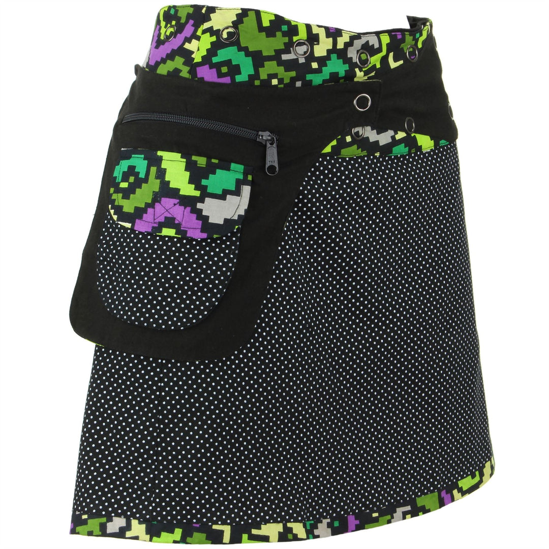 Reversible Short Mini Popper Wrap Skirt with Detachable Pocket - Pixellated Space Flower