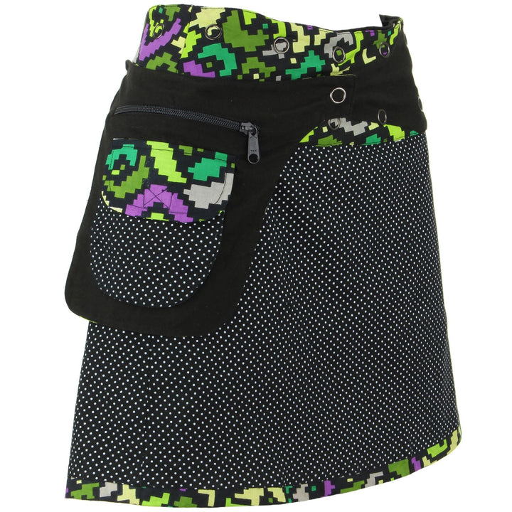 Reversible Short Mini Popper Wrap Skirt with Detachable Pocket - Pixellated Space Flower