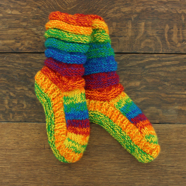 Hand Knitted Wool Slipper Socks Lined - SD Shredded Rainbow
