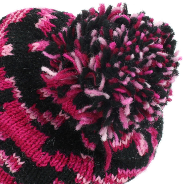 Wool Knit Bobble Beanie Hat - Pink Houndstooth