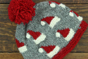 Hand Knitted Wool Beanie Bobble Hat - Santa Hats