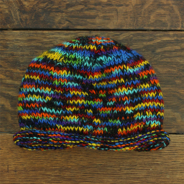 Hand Knitted Wool Beanie Hat - SD Black Rainbow