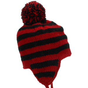 Wool Knit Earflap Bobble Hat - Stripe Red Black