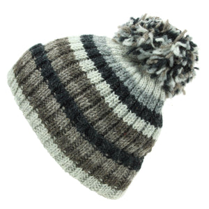 Bonnet pompon en laine tricoté à la main - rayure naturelle