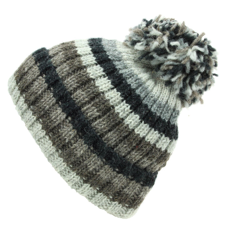 Hand Knitted Wool Beanie Bobble Hat - Stripe Natural