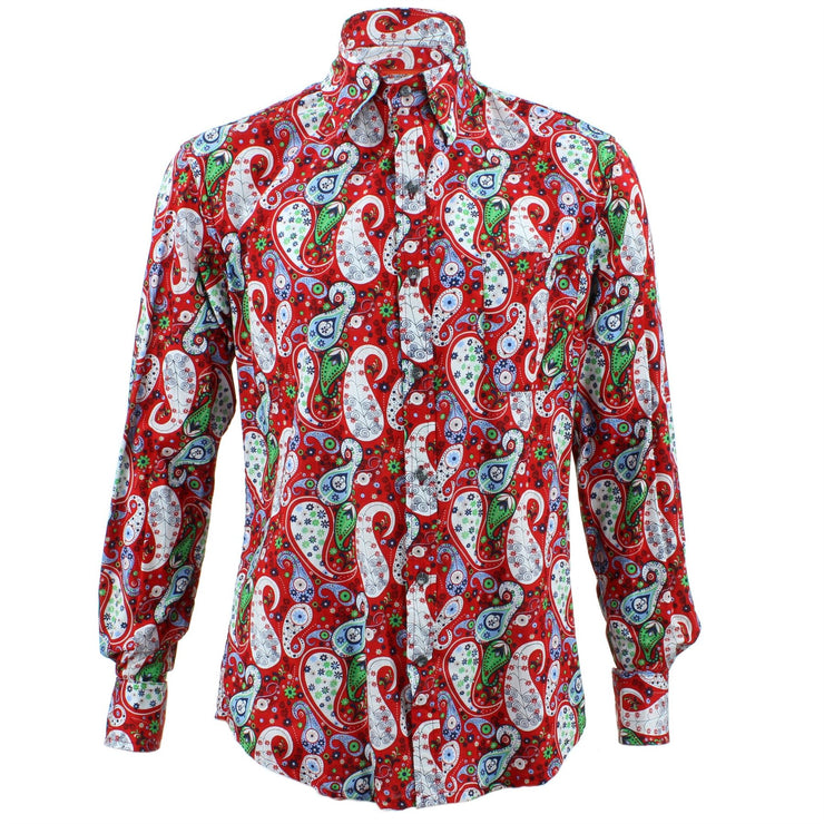 Tailored Fit Long Sleeve Shirt - White Paisley on Red