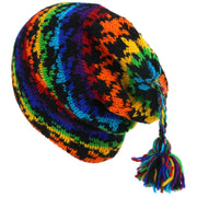 Wool Knit Tassel Beanie Hat - Rainbow Houndstooth