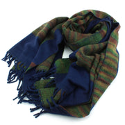 Tibetan Wool Blend Shawl Blanket - Navy with Green & Red Reverse